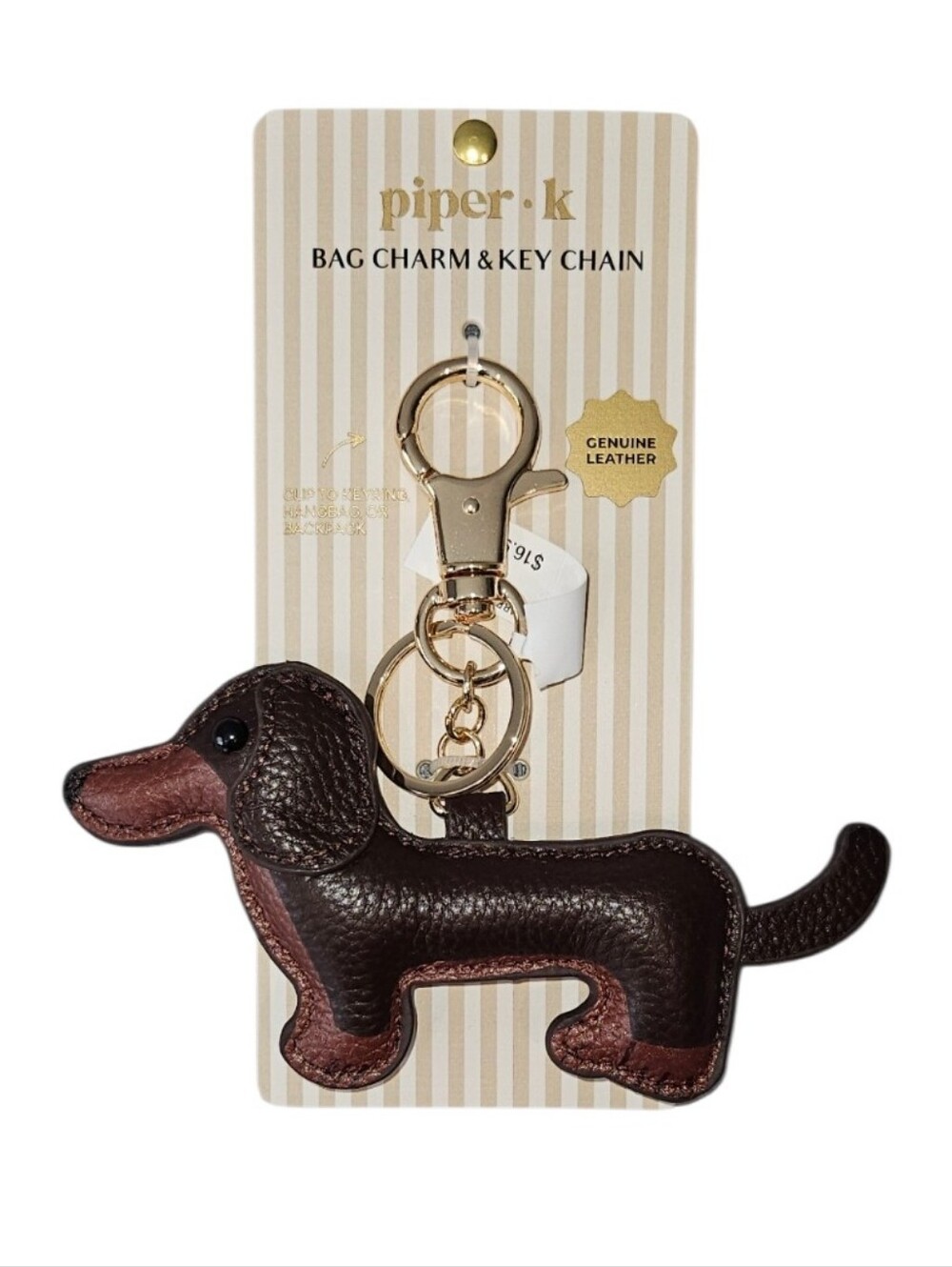 NWT Piper K Dachshund Dog Genuine Leather Bag Charm Keychain Brown Gold